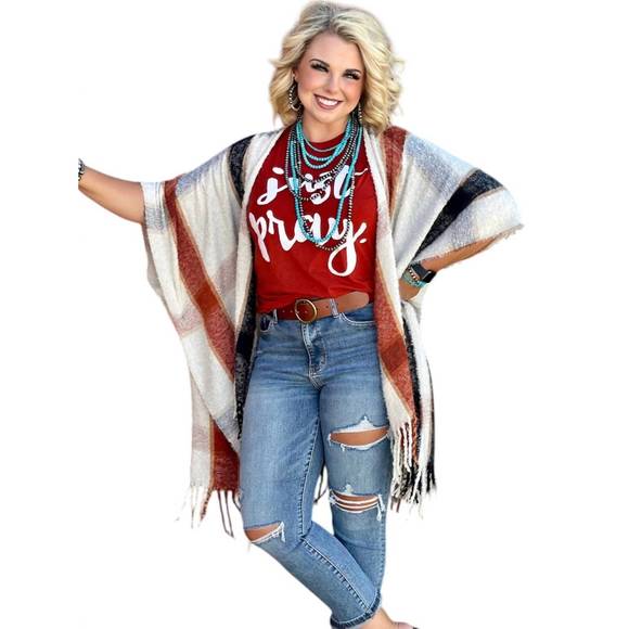 NEW TEXAS TRUE THREADS plaid stacie plaid kimono in ivory multi - Picture 3 of 3